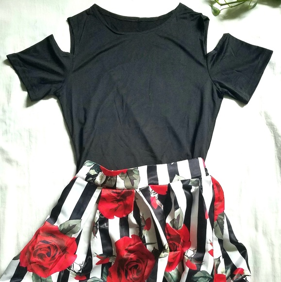 2 pc Rose Striped Maxi Skirt Cold Shoulder Dress M - Picture 4 of 6